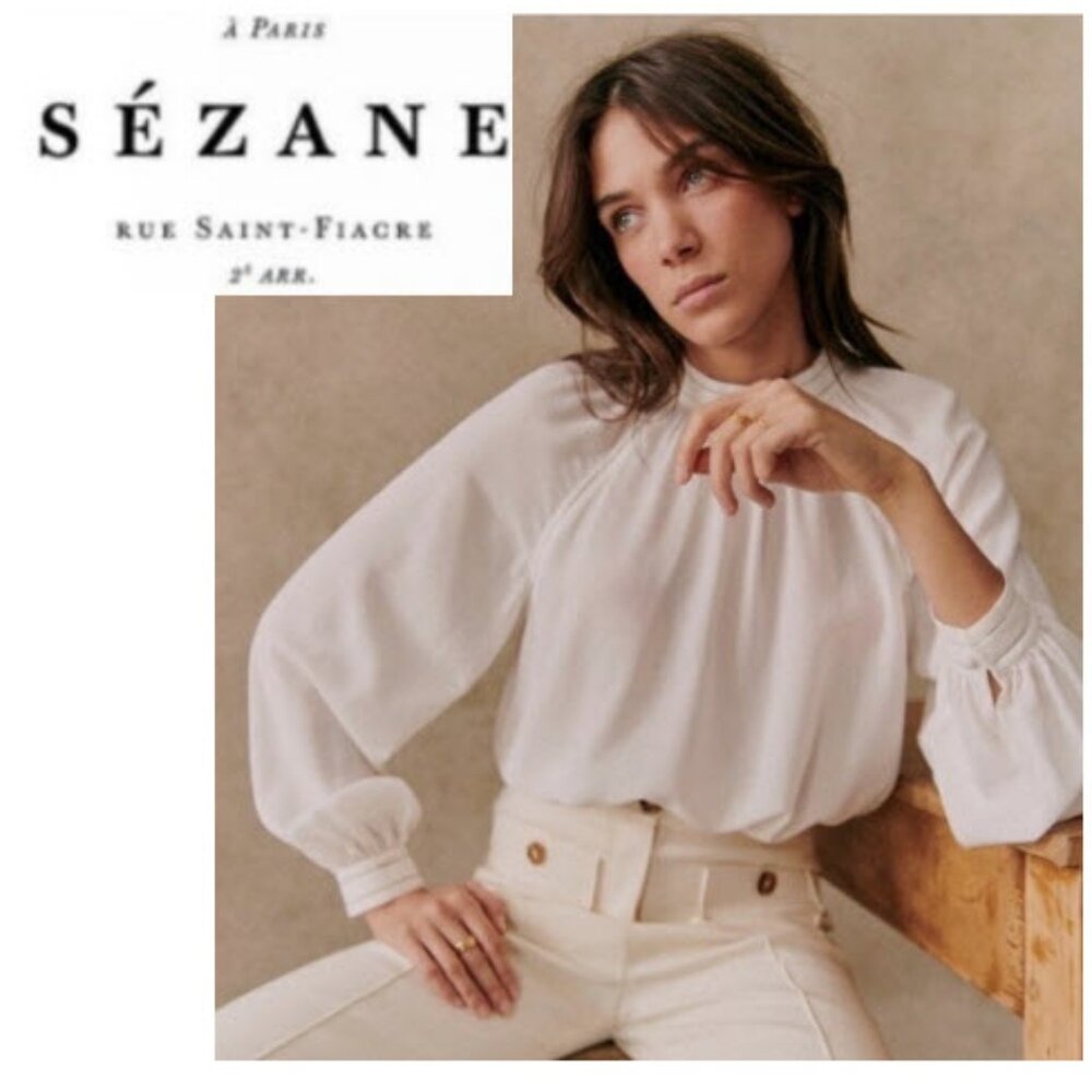 Sézane Utopie Silk Blouse Cream Ecru Long Sleeve EU 40 US 8